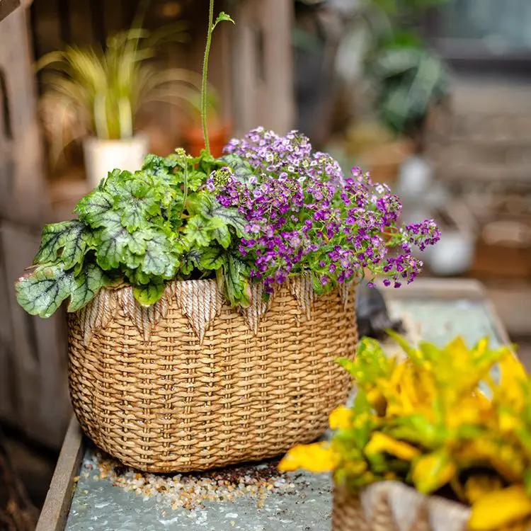 Lady Straw Basket Cement Planter by RusticReach