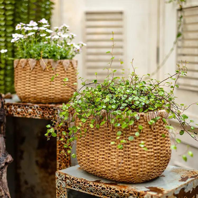 Lady Straw Basket Cement Planter by RusticReach