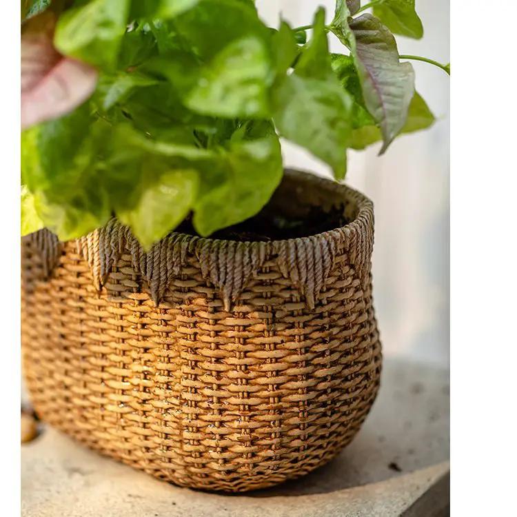 Lady Straw Basket Cement Planter by RusticReach