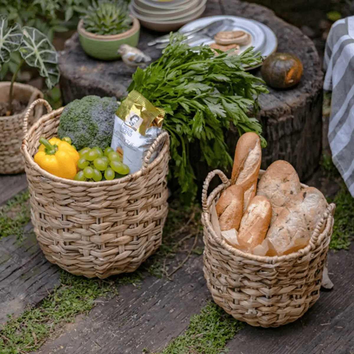 Natural Straw Round Basket with Handles by RusticReach
