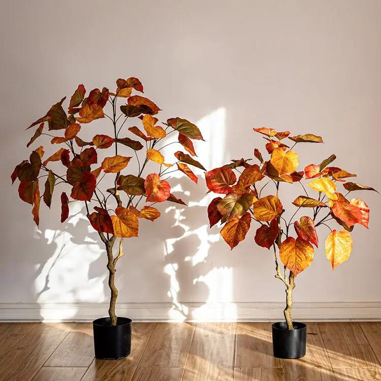 Artificial Silk Red Leaf Banyan Tree In Pot by RusticReach