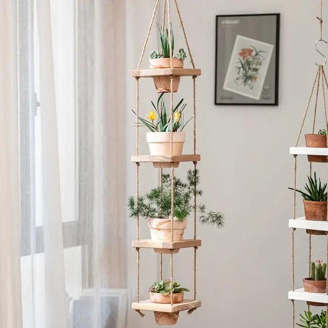 Wooden Rope Hanging Plant Shelf by RusticReach