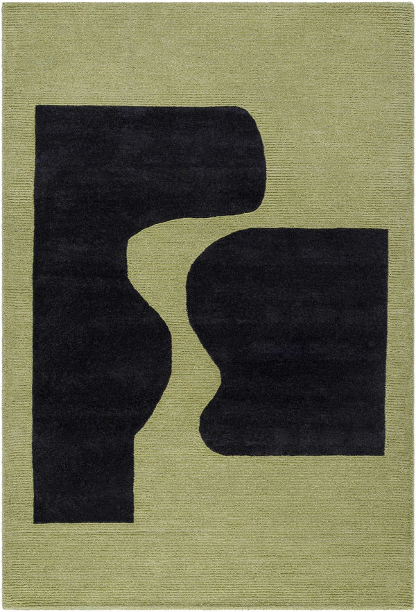 Arvok Olive Green Organic Block Art Deco Wool Handmade Area Rug - Clearance
