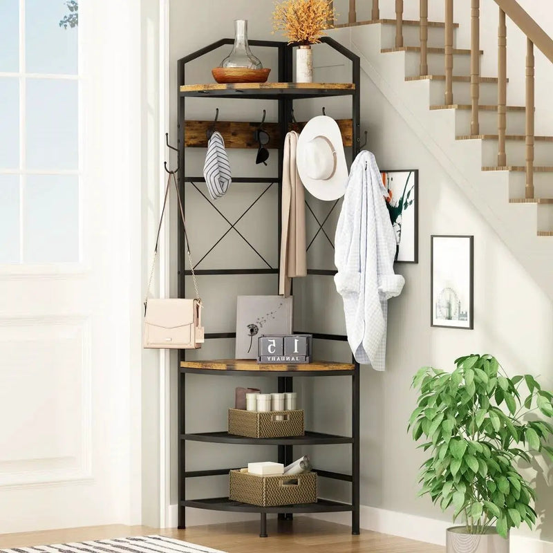 Industrial Metal/Wood Corner Hall Tree Shoe Storage Bench Coat Rack by HomePacific