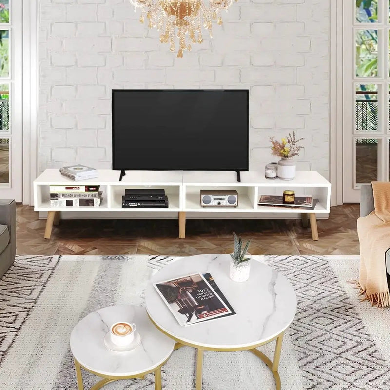 Modern Mid-Century Style TV Stand in White with Wood Legs for TVs up to 65-inch by HomePacific