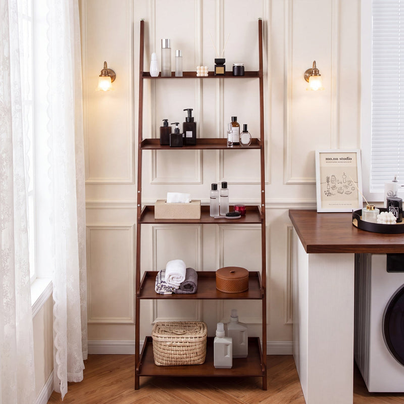 5-Tier Ladder Shelf Bamboo Bookshelf Wall-Leaning Storage Display Plant Stand-Natural, photo 9 of 9