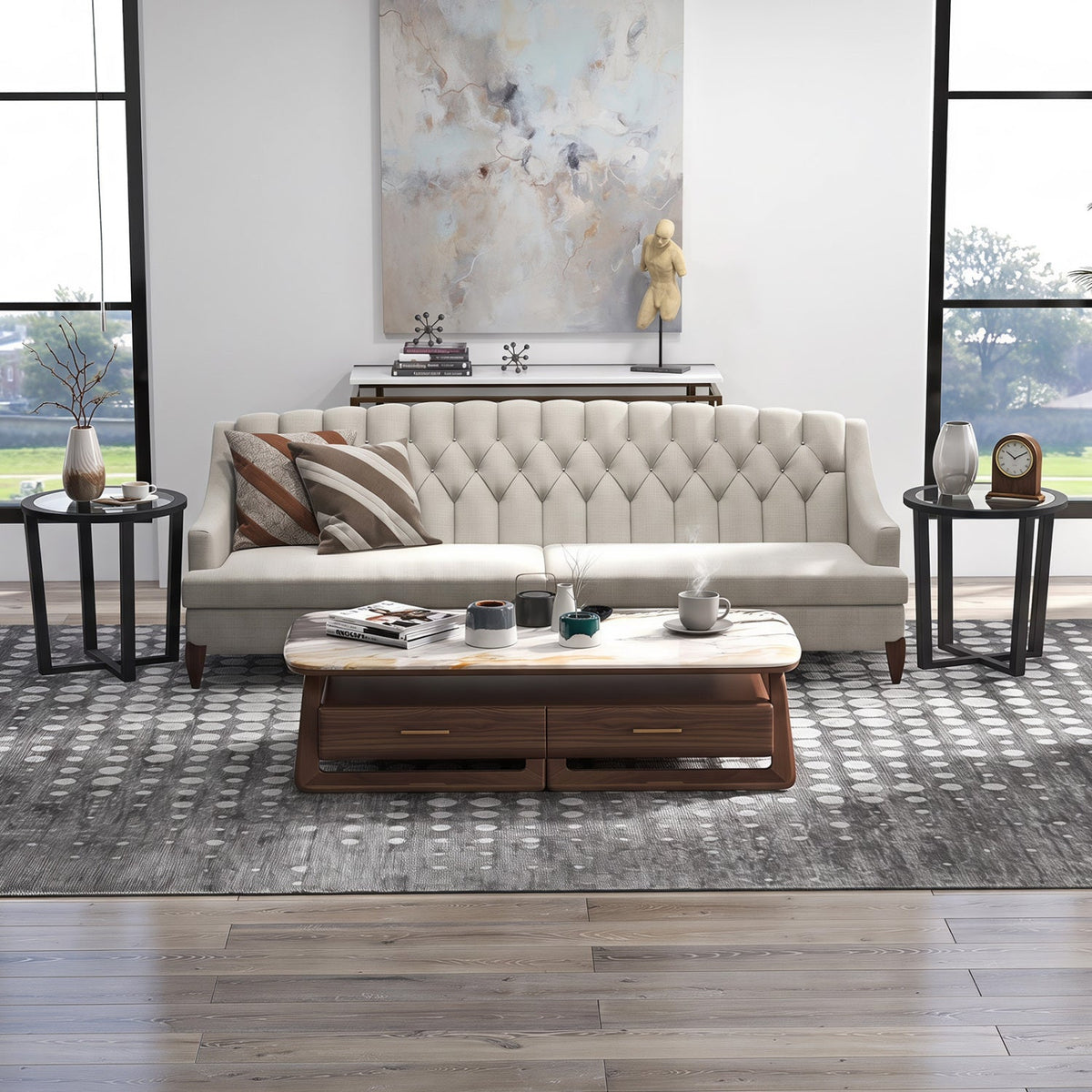 Modern Round End Table Sofa Side Table with Transparent Tempered Glass Top-Brown, photo 9 of 9