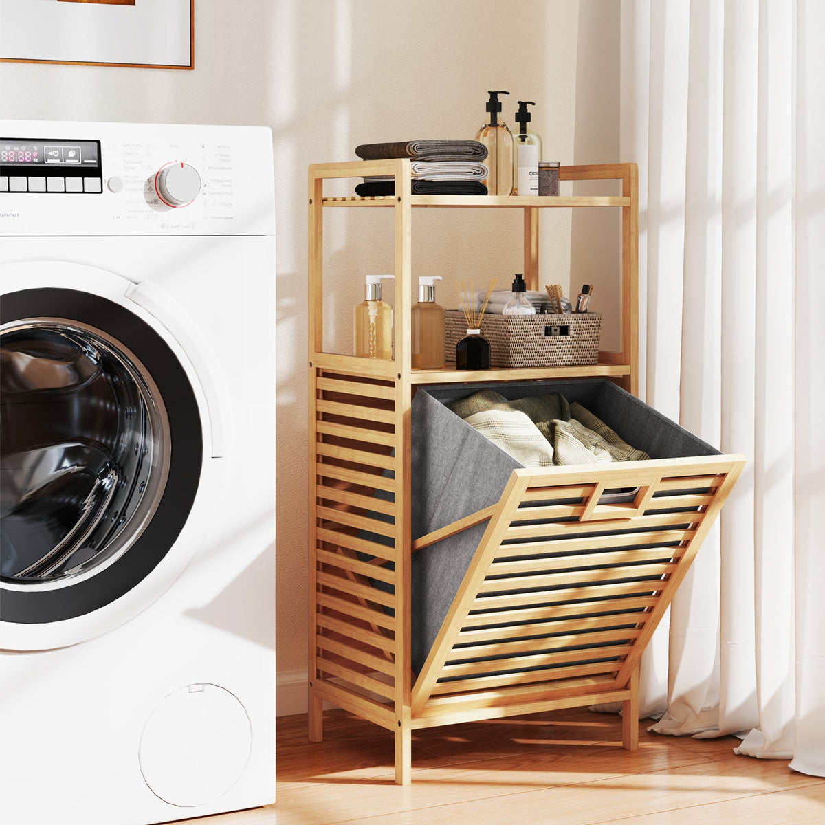 Bamboo Tilt out Laundry Hamper with Foldable and Removable Basket-Natural, photo 10 of 10