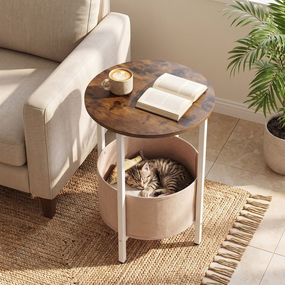 Round End Table 2-Tier Side Table with Removable Fabric Basket and Metal Frame, photo 10 of 10
