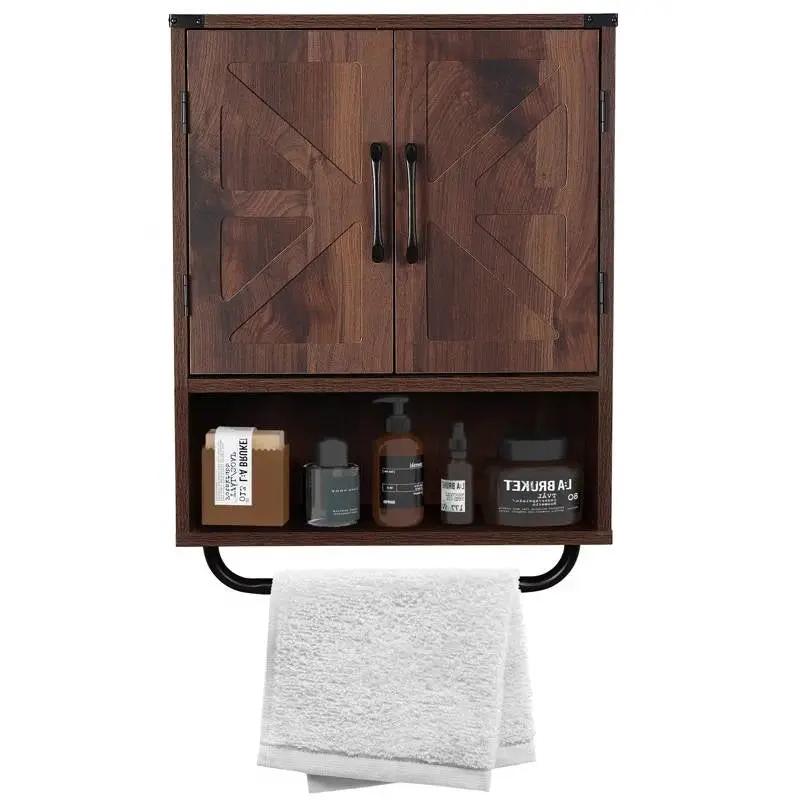 Farmhouse Bathroom Wall Cabinet with Towel Bar in Brown Wood Finish by HomePacific