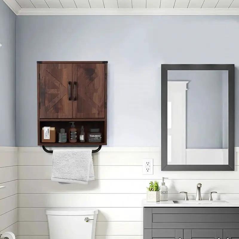 Farmhouse Bathroom Wall Cabinet with Towel Bar in Brown Wood Finish by HomePacific