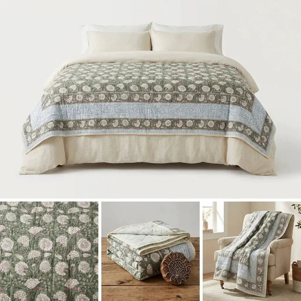 House of Avana Cream & Golden Yellow Rust Floral Jaipur Indian Hand Block Print Quilted Comforter by House Of Avana