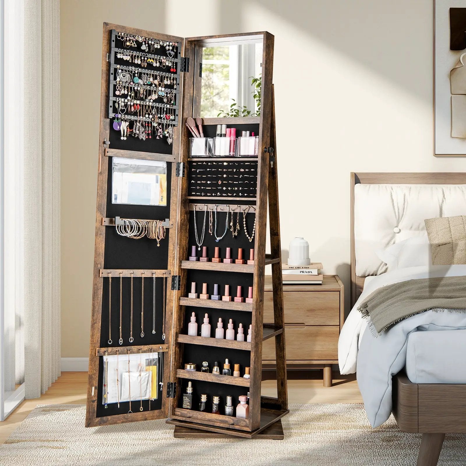 360¬∞ Swivel Jewelry Armoire Standing Jewelry Organizer with Full Length Mirror and Back Shelves by DirectDeals