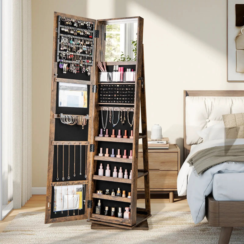 360¬∞ Swivel Jewelry Armoire Standing Jewelry Organizer with Full Length Mirror and Back Shelves by DirectDeals