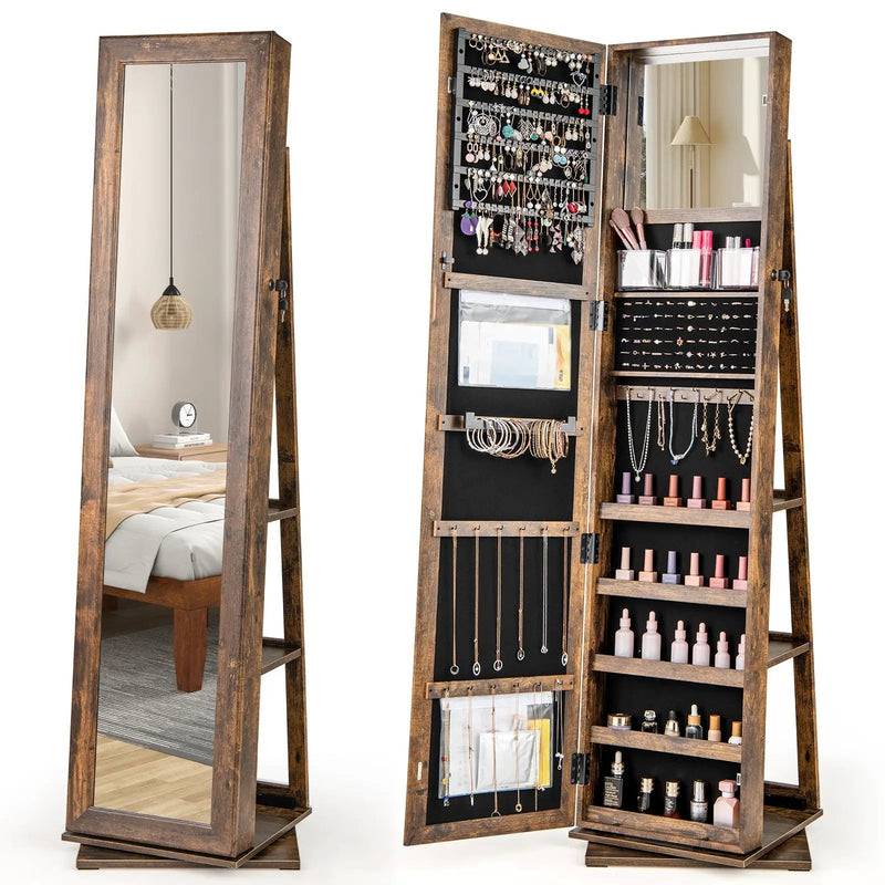 360¬∞ Swivel Jewelry Armoire Standing Jewelry Organizer with Full Length Mirror and Back Shelves by DirectDeals