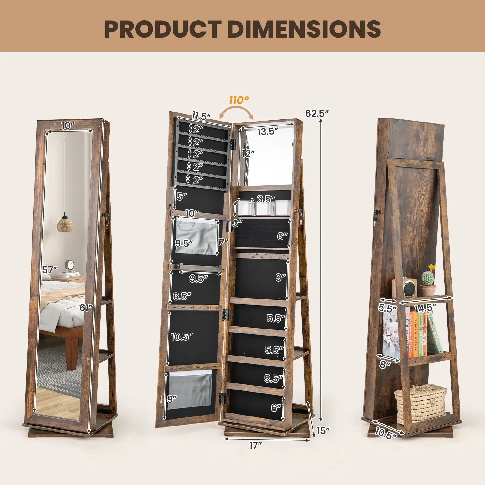 360¬∞ Swivel Jewelry Armoire Standing Jewelry Organizer with Full Length Mirror and Back Shelves by DirectDeals