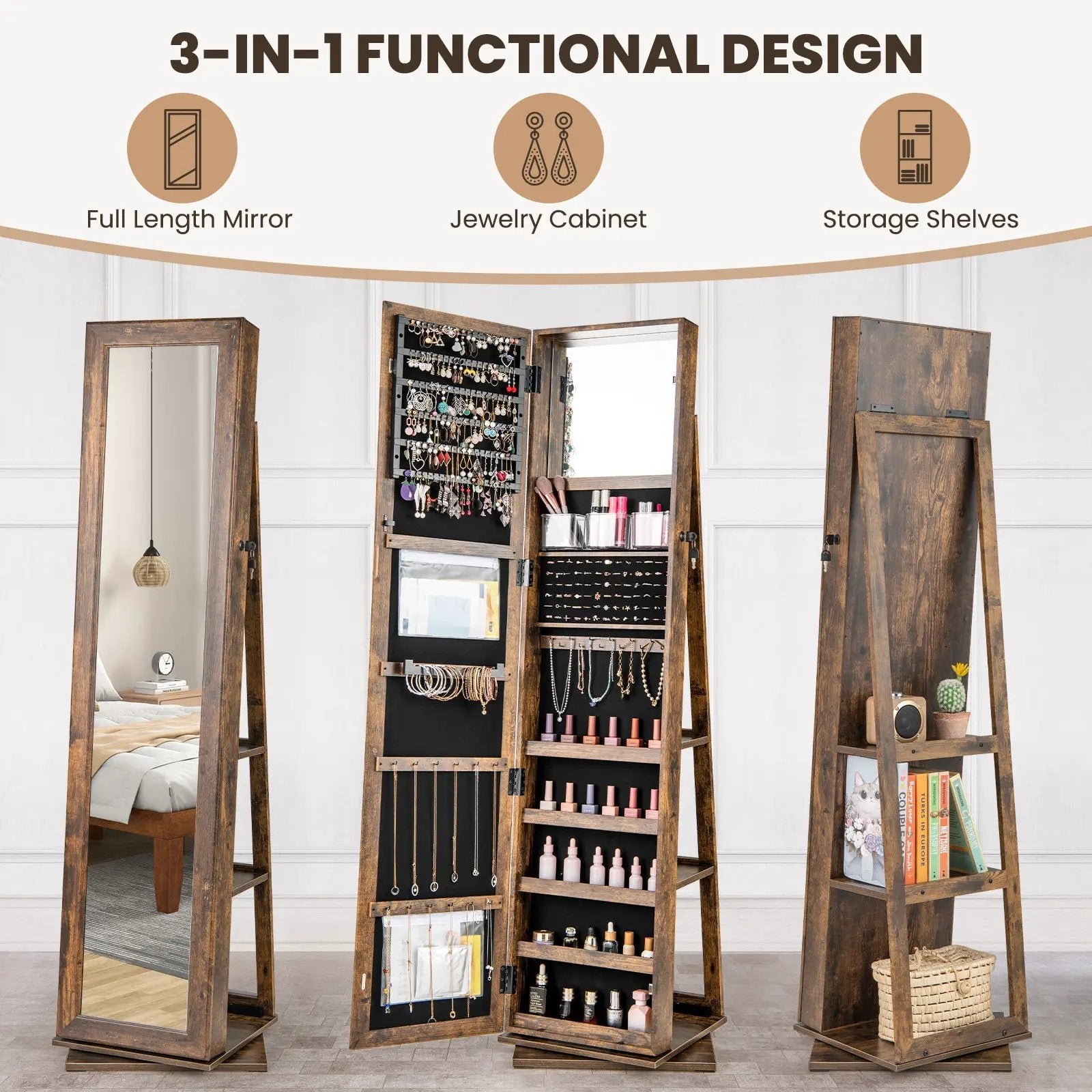 360¬∞ Swivel Jewelry Armoire Standing Jewelry Organizer with Full Length Mirror and Back Shelves by DirectDeals