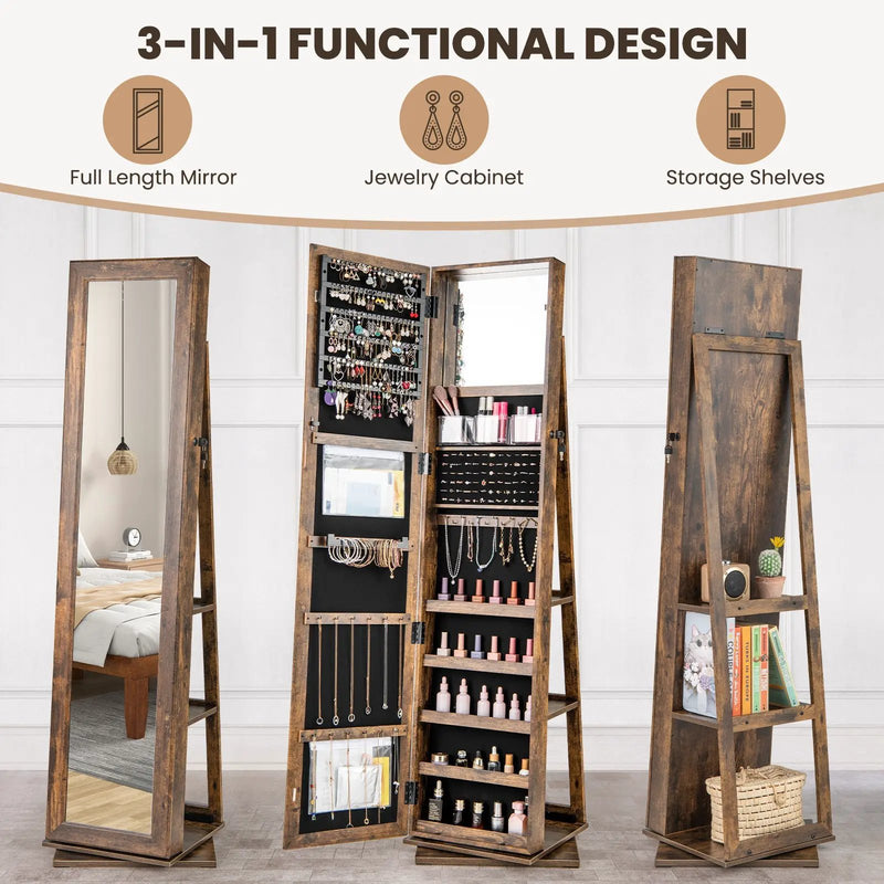 360¬∞ Swivel Jewelry Armoire Standing Jewelry Organizer with Full Length Mirror and Back Shelves by DirectDeals