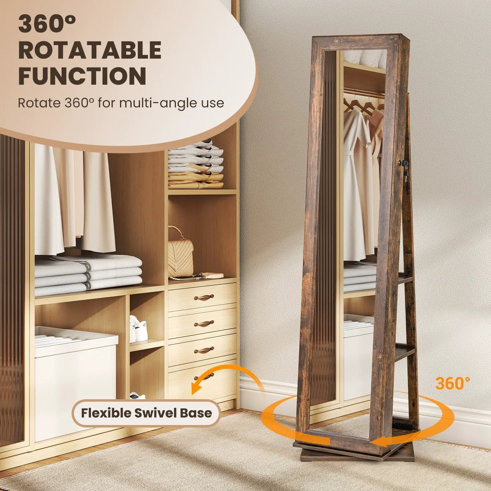 360¬∞ Swivel Jewelry Armoire Standing Jewelry Organizer with Full Length Mirror and Back Shelves by DirectDeals