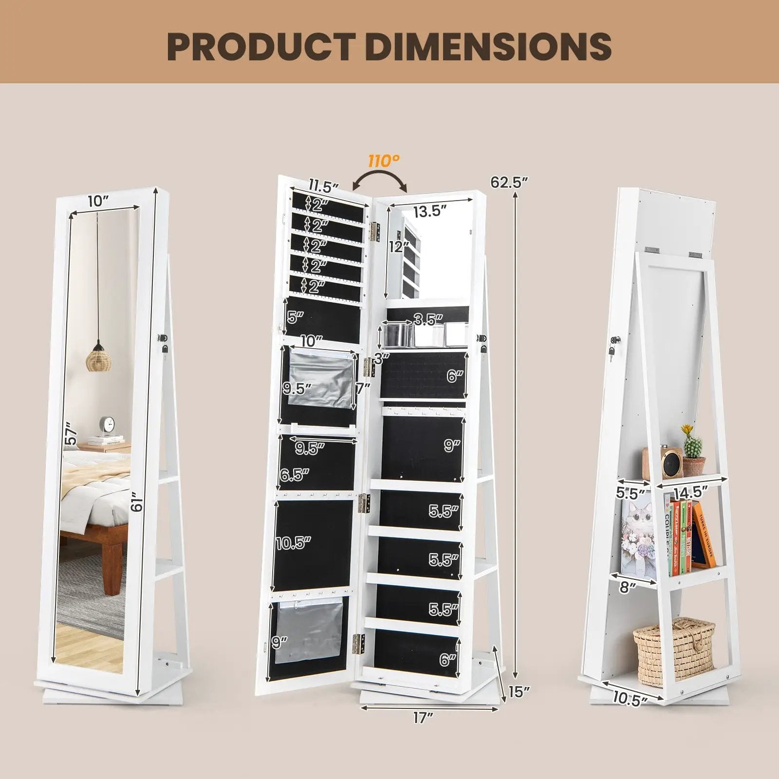 360¬∞ Swivel Jewelry Armoire Standing Jewelry Organizer with Full Length Mirror and Back Shelves by DirectDeals