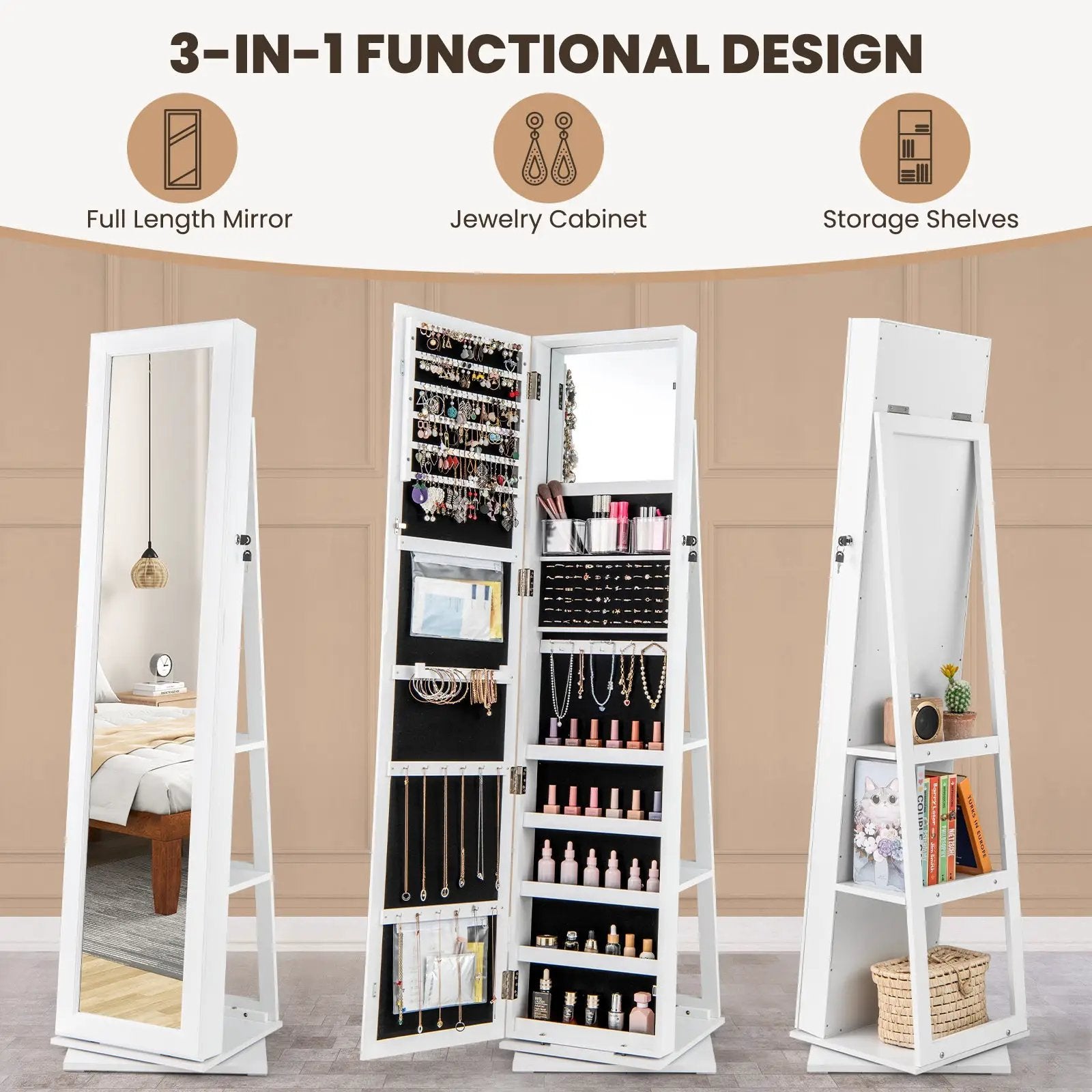 360¬∞ Swivel Jewelry Armoire Standing Jewelry Organizer with Full Length Mirror and Back Shelves by DirectDeals