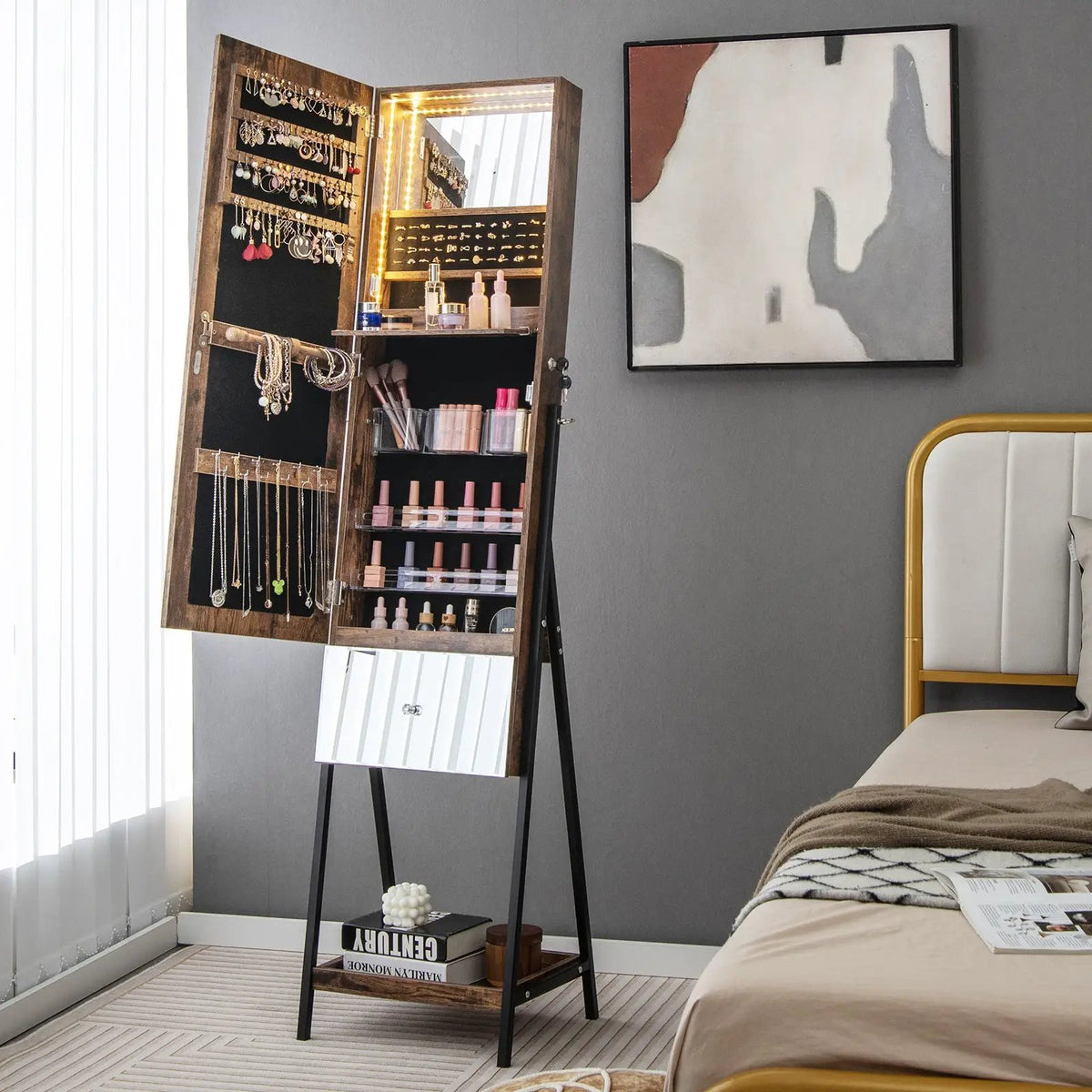 Lockable Freestanding Jewelry Organizer with Full-Length Frameless Mirror by DirectDeals