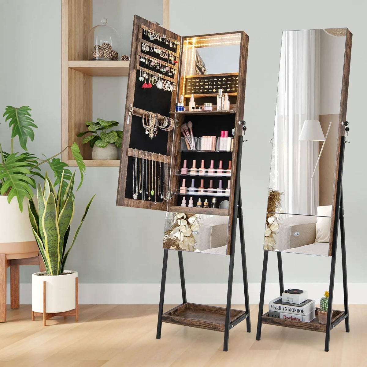 Lockable Freestanding Jewelry Organizer with Full-Length Frameless Mirror by DirectDeals