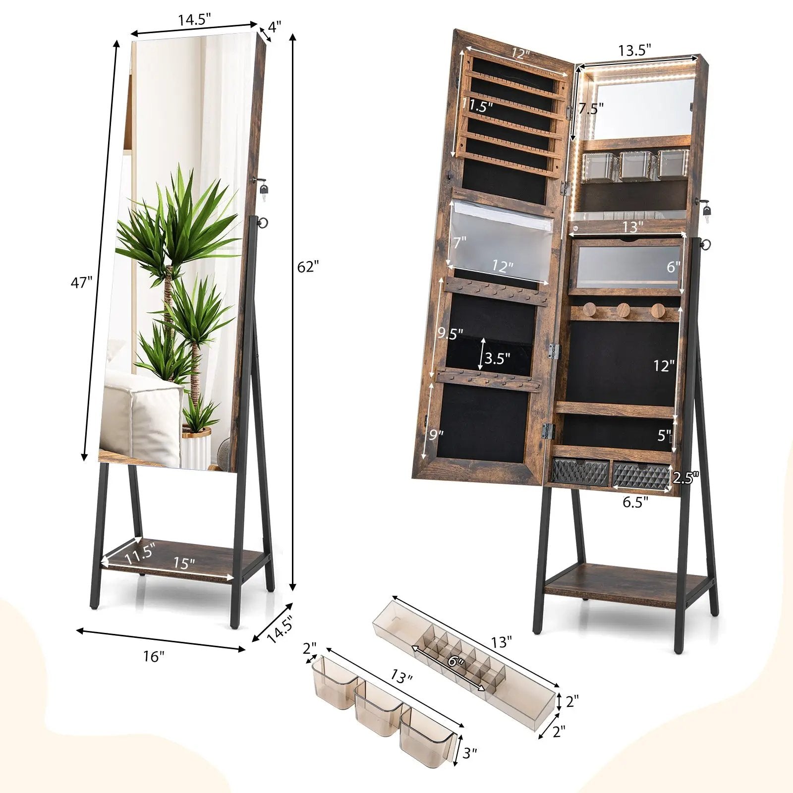 Freestanding Jewelry Cabinet with Full-Length Mirror by DirectDeals