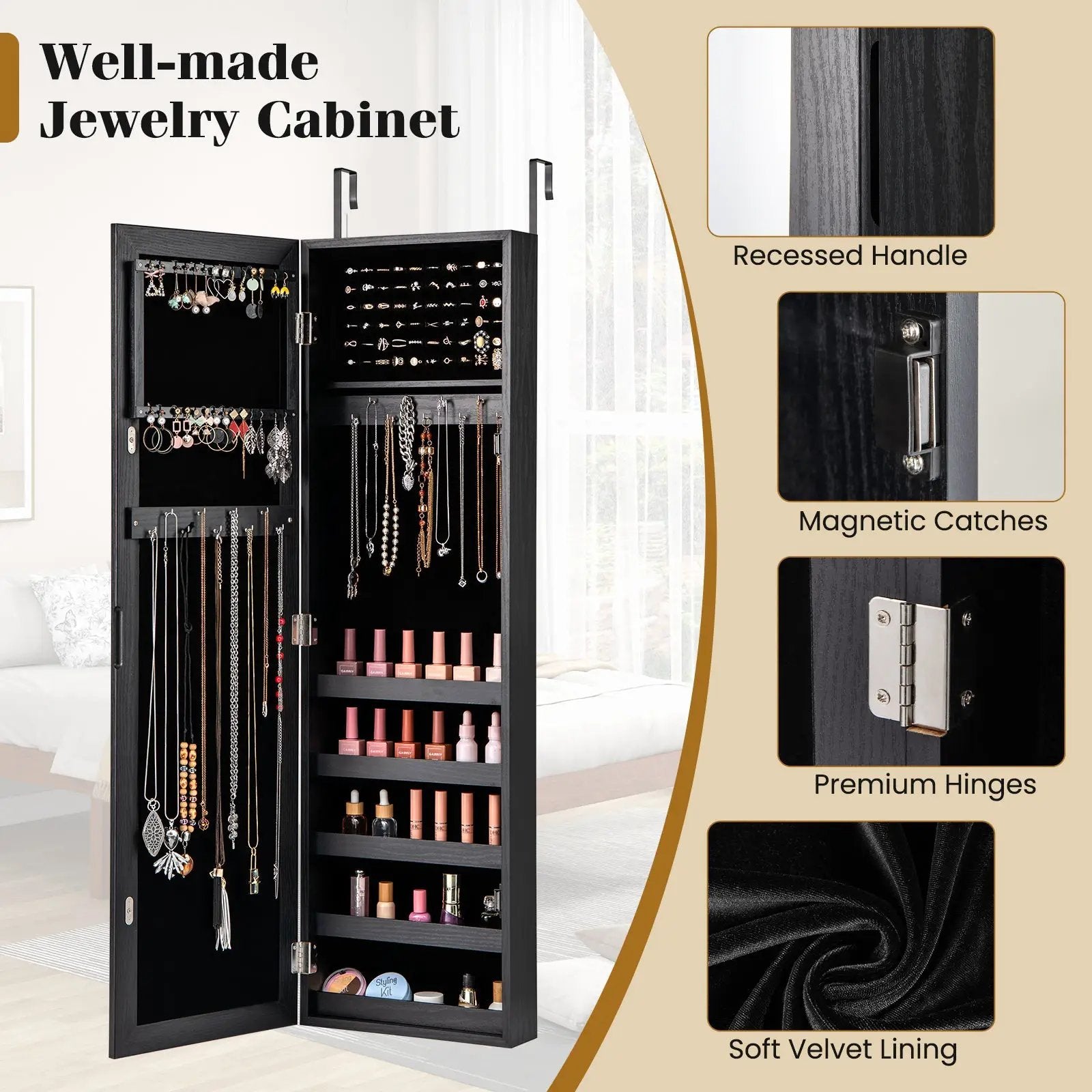 Jewelry Cabinet Wall or Door Mounted Jewelry Armoire with Full-Length Mirror-Black by DirectDeals