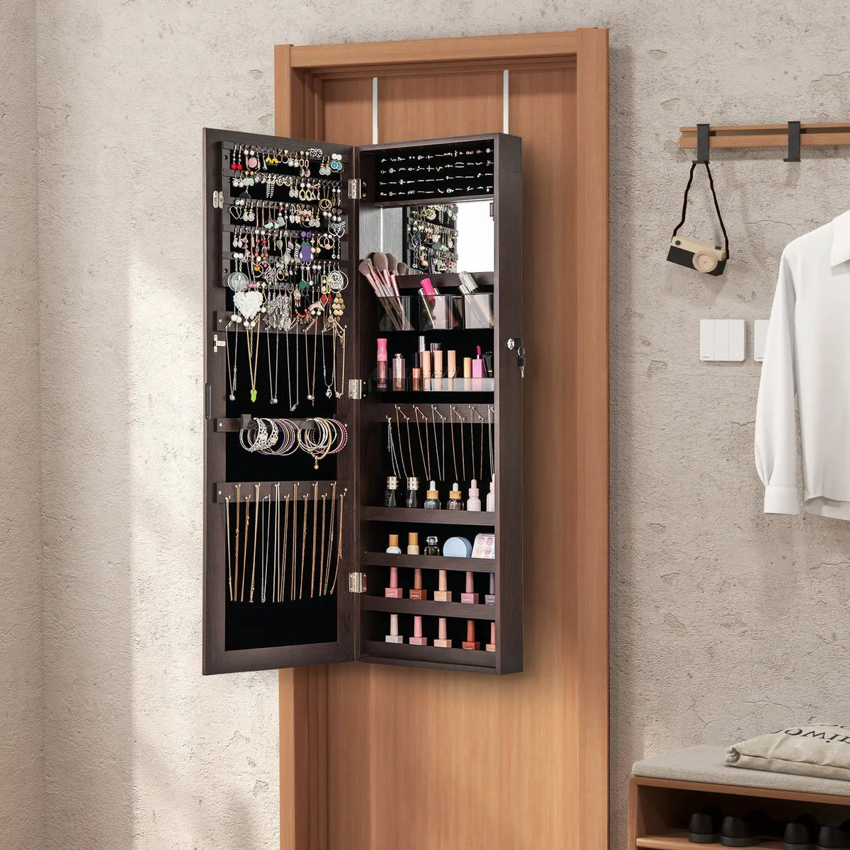 43.5 Inch Jewelry Mirror Cabinet with Full-length Mirror and Adjustable Hangers by DirectDeals