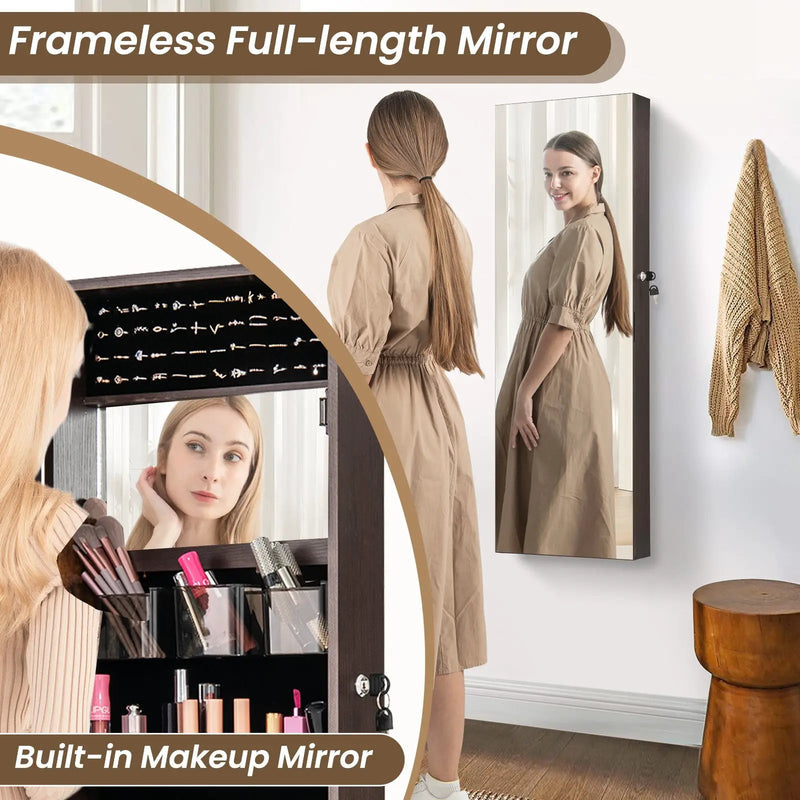 43.5 Inch Jewelry Mirror Cabinet with Full-length Mirror and Adjustable Hangers by DirectDeals