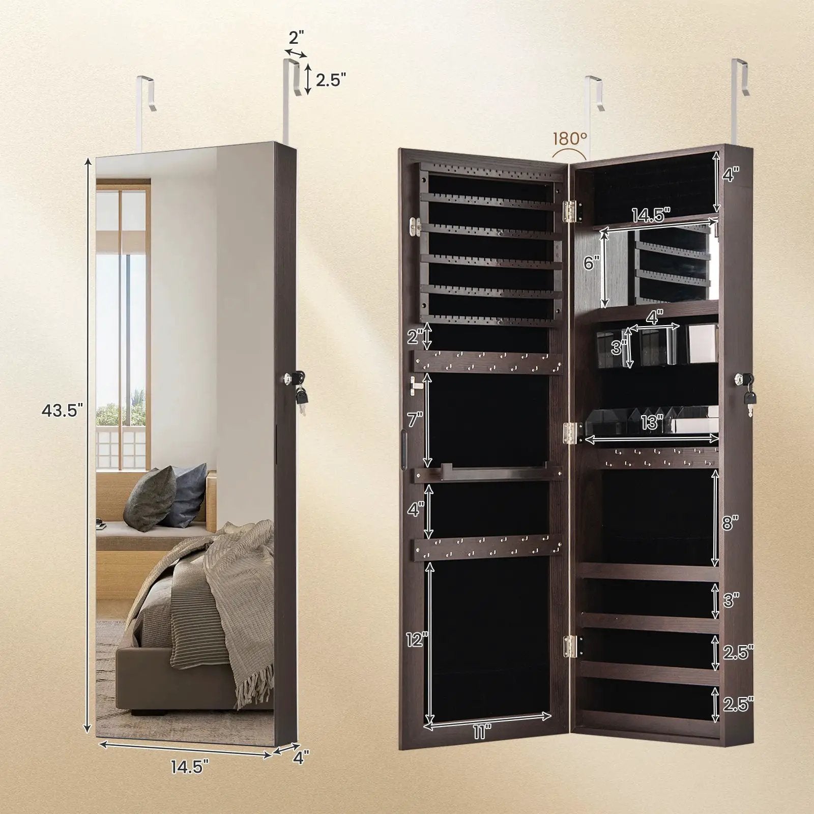 43.5 Inch Jewelry Mirror Cabinet with Full-length Mirror and Adjustable Hangers by DirectDeals