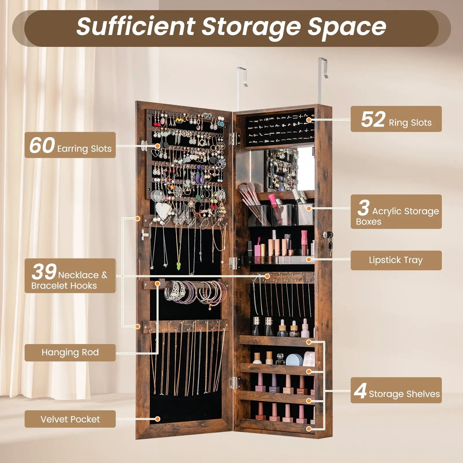43.5 Inch Jewelry Mirror Cabinet with Full-length Mirror and Adjustable Hangers by DirectDeals