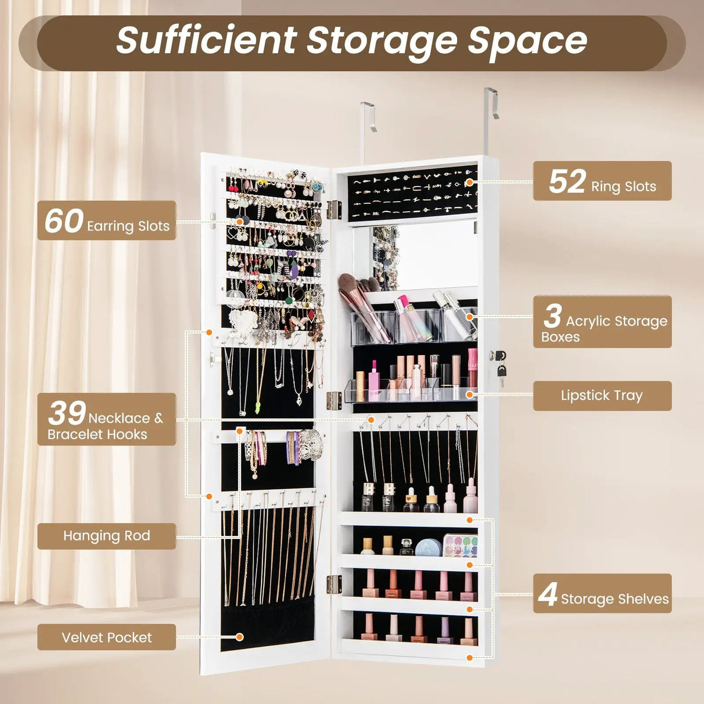 43.5 Inch Jewelry Mirror Cabinet with Full-length Mirror and Adjustable Hangers by DirectDeals