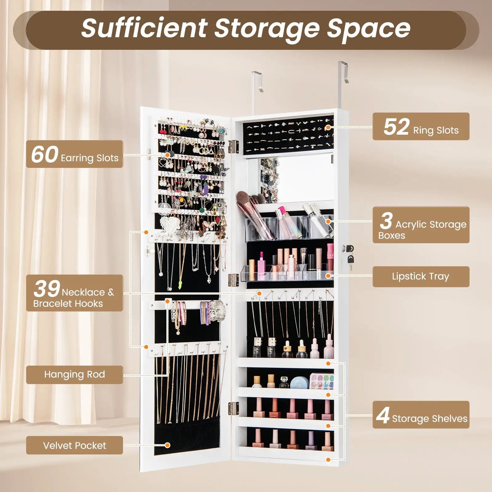 43.5 Inch Jewelry Mirror Cabinet with Full-length Mirror and Adjustable Hangers by DirectDeals