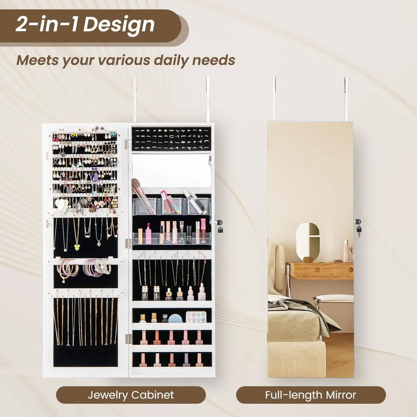 43.5 Inch Jewelry Mirror Cabinet with Full-length Mirror and Adjustable Hangers by DirectDeals