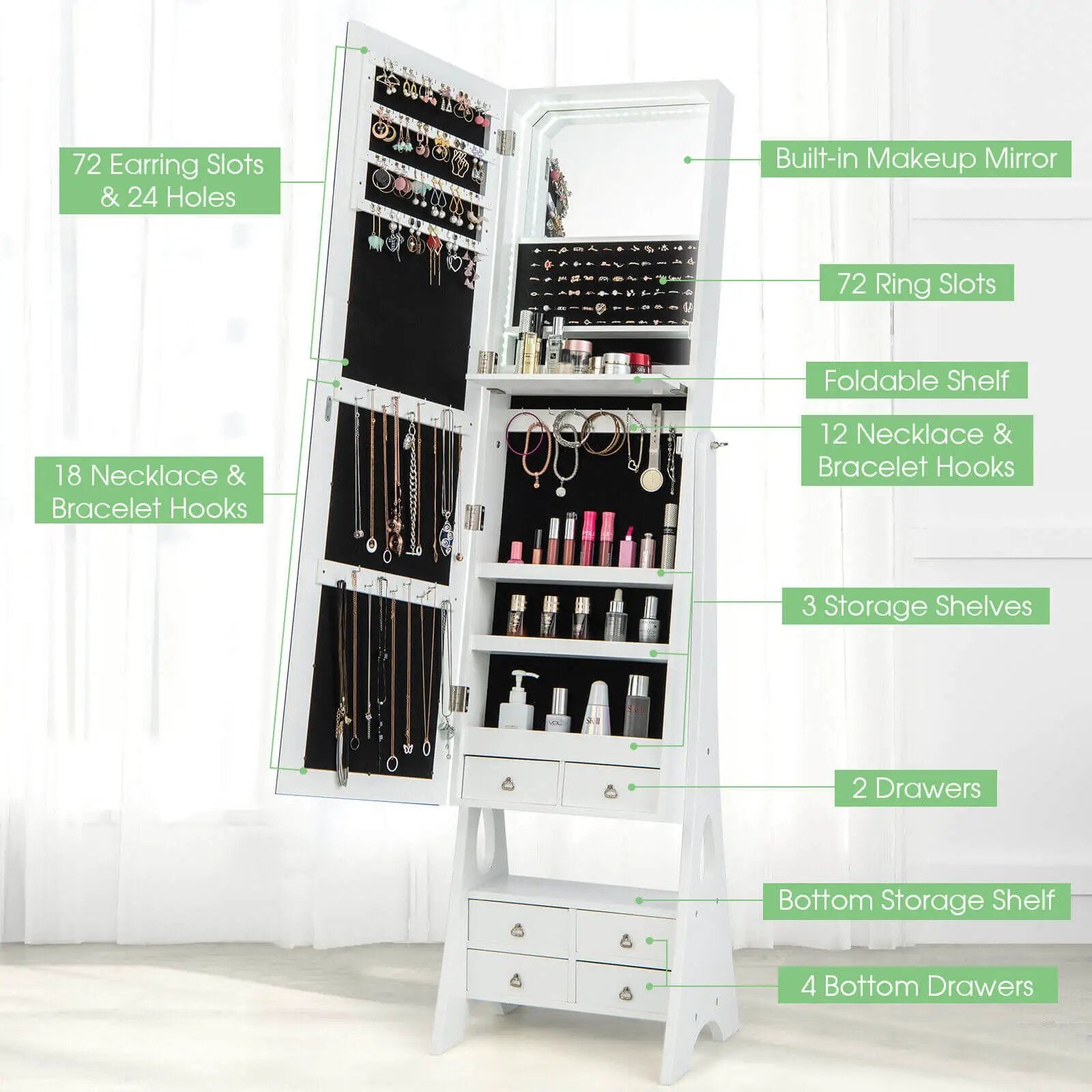 Freestanding Full Length LED Mirrored Jewelry Armoire with 6 Drawers by DirectDeals