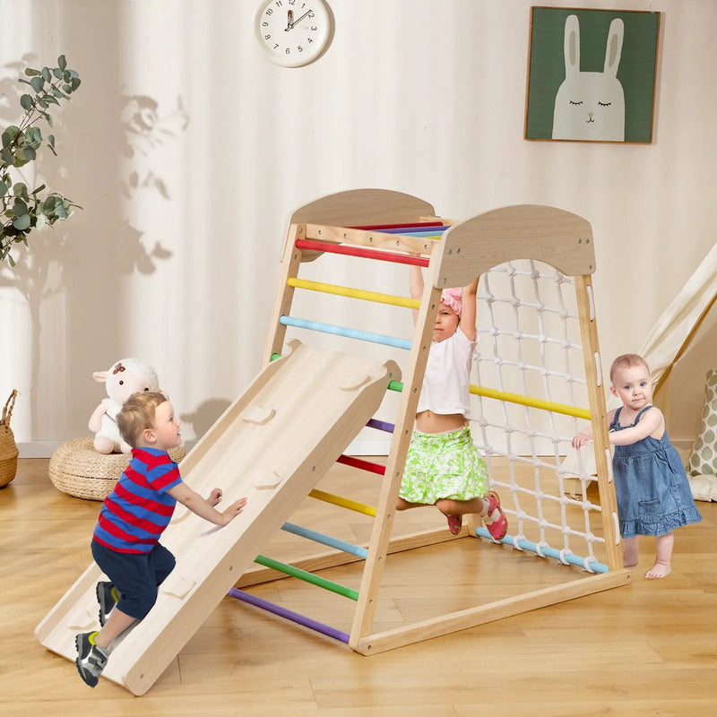6-in-1 Jungle Gym Wooden Indoor Playground with Double-Sided Ramp and Monkey Bars by DirectDeals