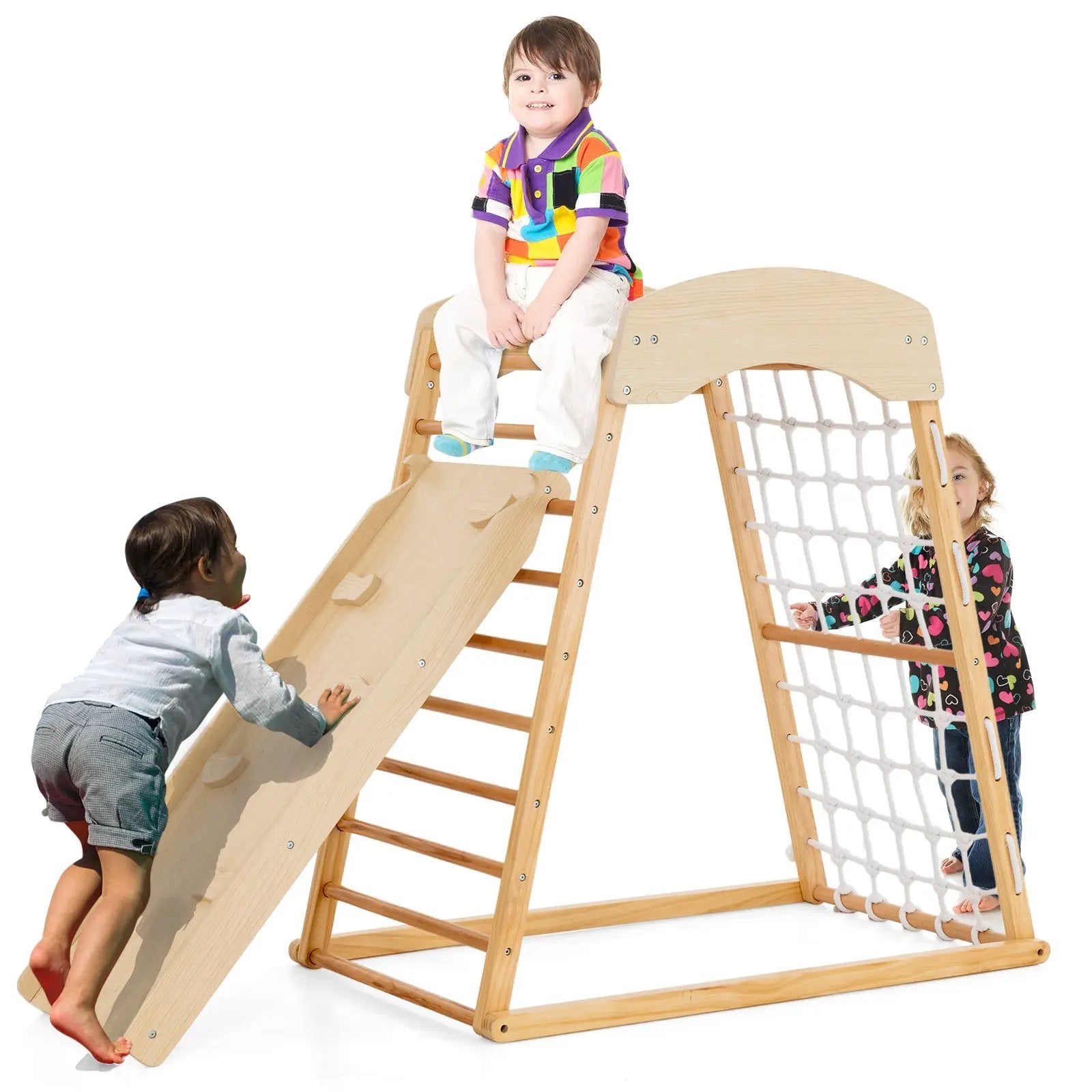 6-in-1 Jungle Gym Wooden Indoor Playground with Double-Sided Ramp and Monkey Bars by DirectDeals