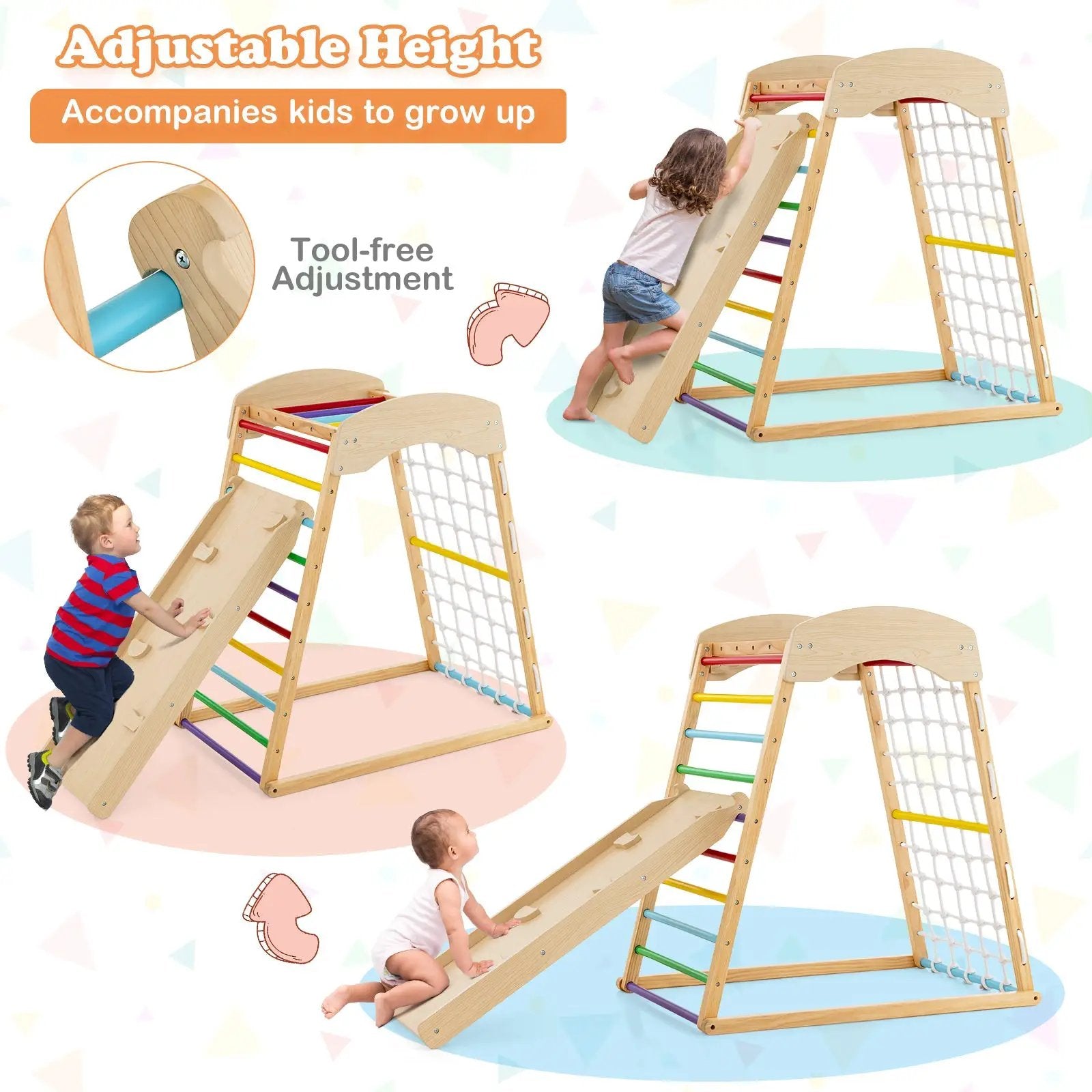 6-in-1 Jungle Gym Wooden Indoor Playground with Double-Sided Ramp and Monkey Bars by DirectDeals