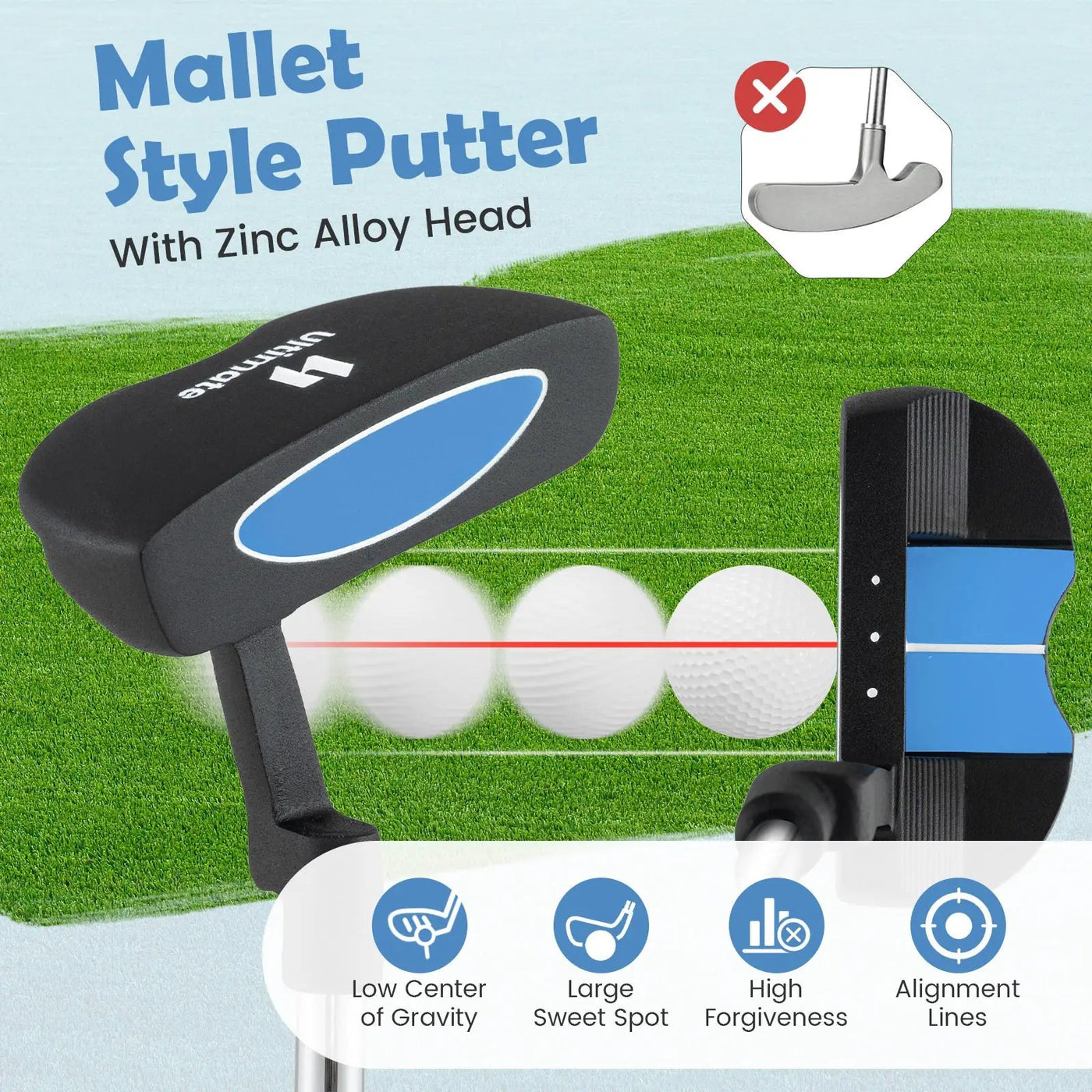 Junior Mallet Putter Individual Gold Club for Kids Ages 11-14 by DirectDeals