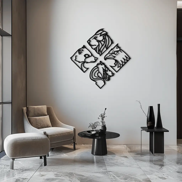 Four Animal Totem Metal Wall Art - Steel Wall Decor for Home and Office - KAF013