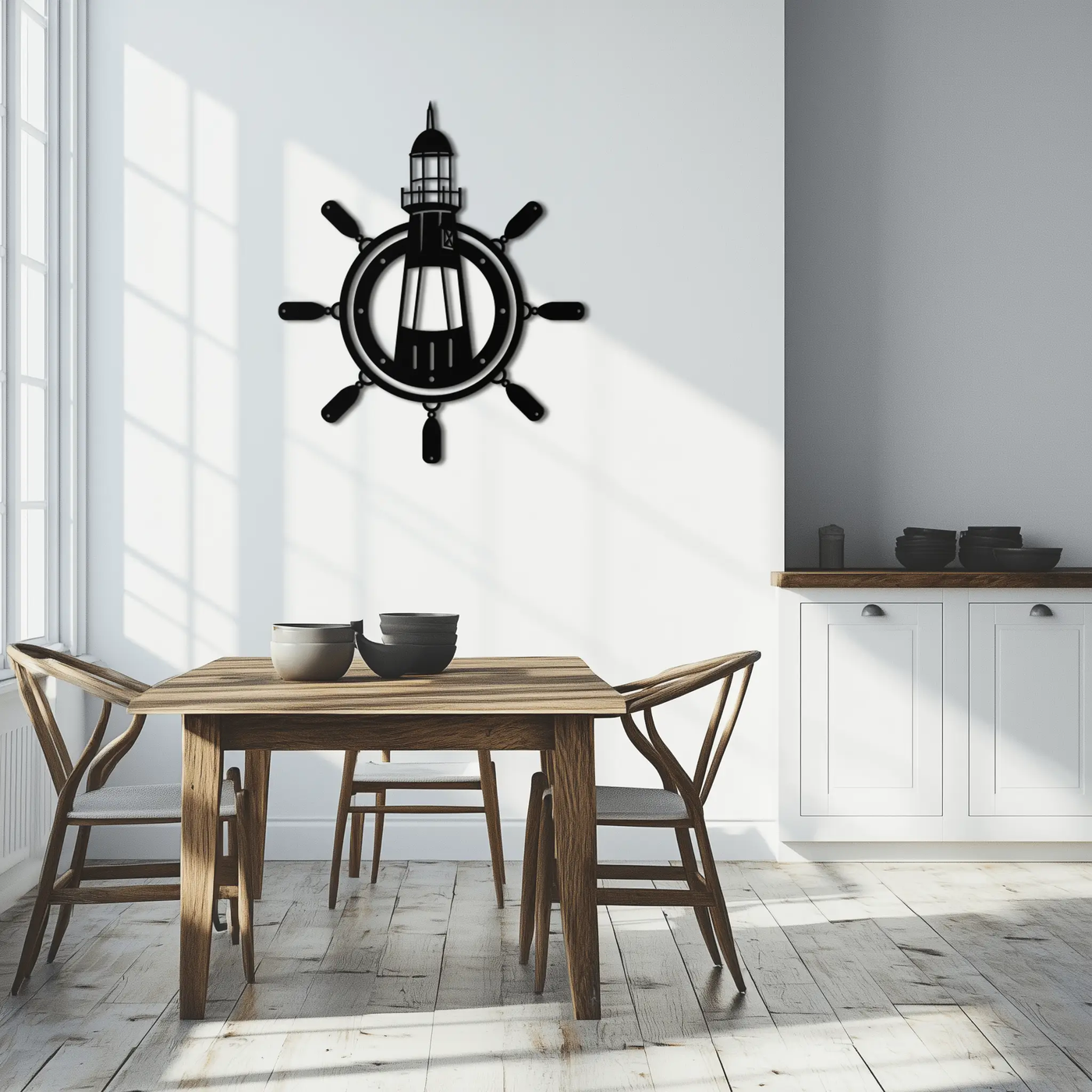 Lighthouse and Ship Wheel Metal Wall Art - Nautical Steel Wall Decor - KAF028 by Enova Art