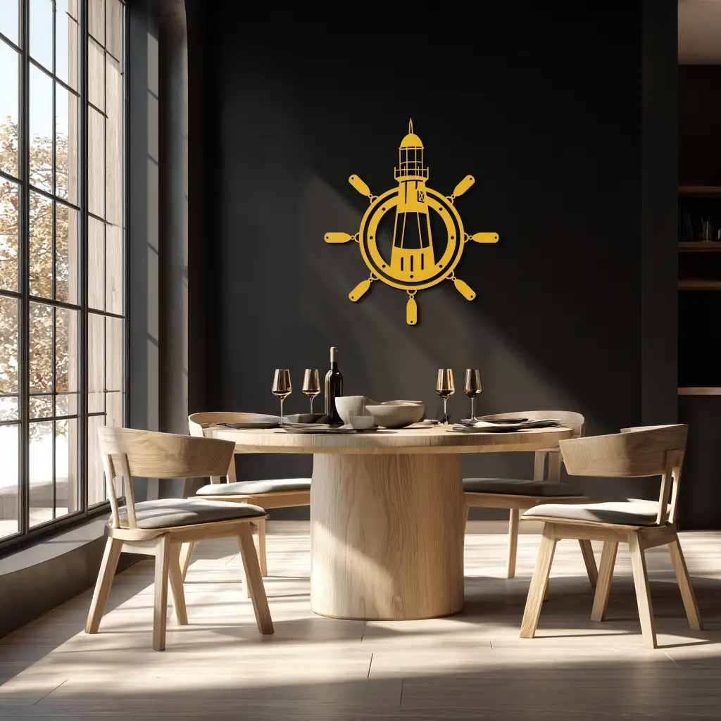Lighthouse and Ship Wheel Metal Wall Art - Nautical Steel Wall Decor - KAF028 by Enova Art