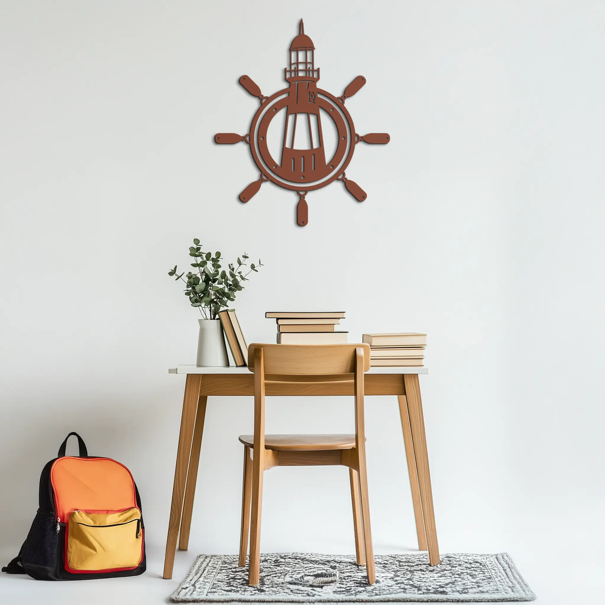 Lighthouse and Ship Wheel Metal Wall Art - Nautical Steel Wall Decor - KAF028 by Enova Art