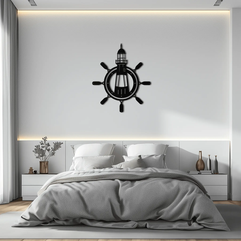 Lighthouse and Ship Wheel Metal Wall Art - Nautical Steel Wall Decor - KAF028 by Enova Art