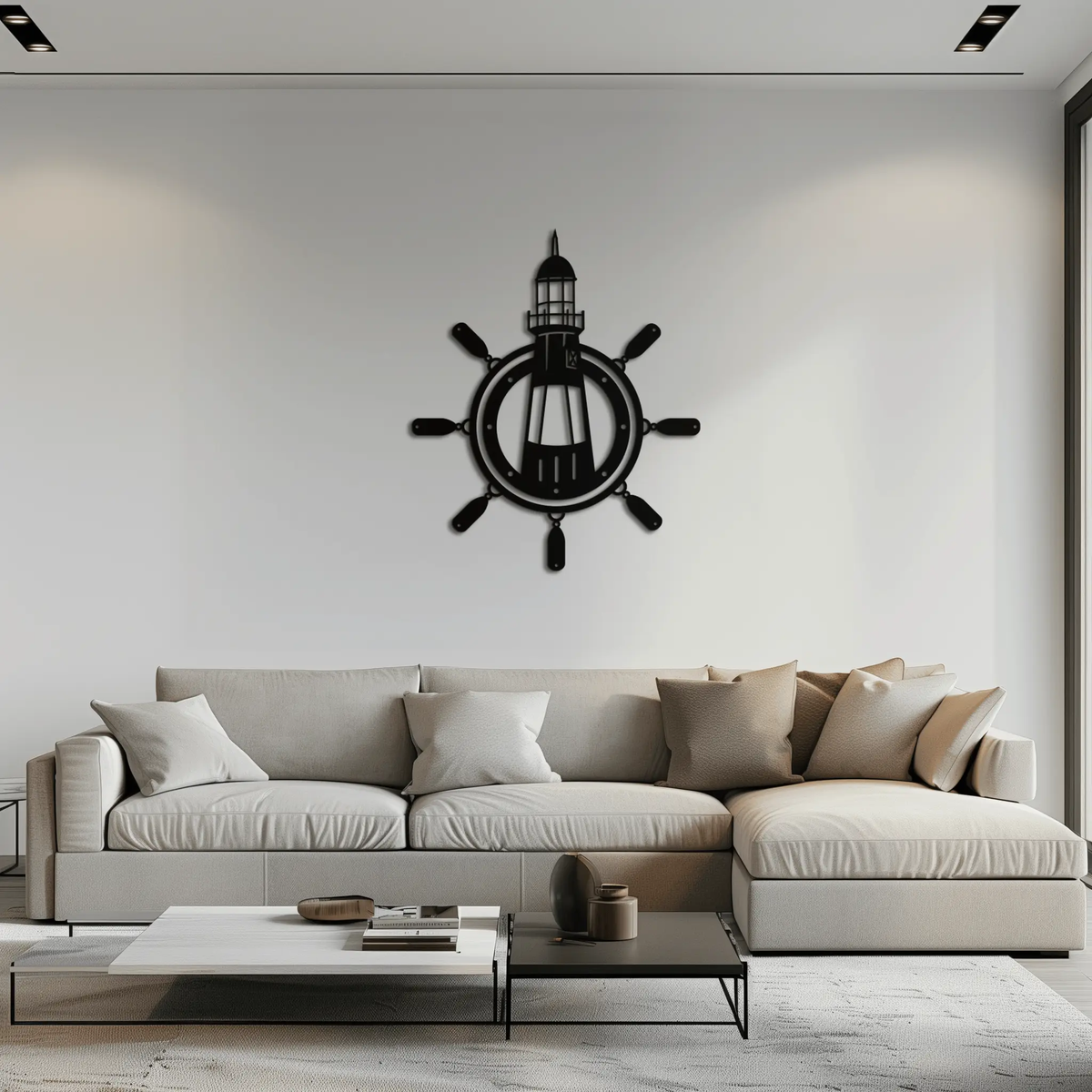 Lighthouse and Ship Wheel Metal Wall Art - Nautical Steel Wall Decor - KAF028 by Enova Art