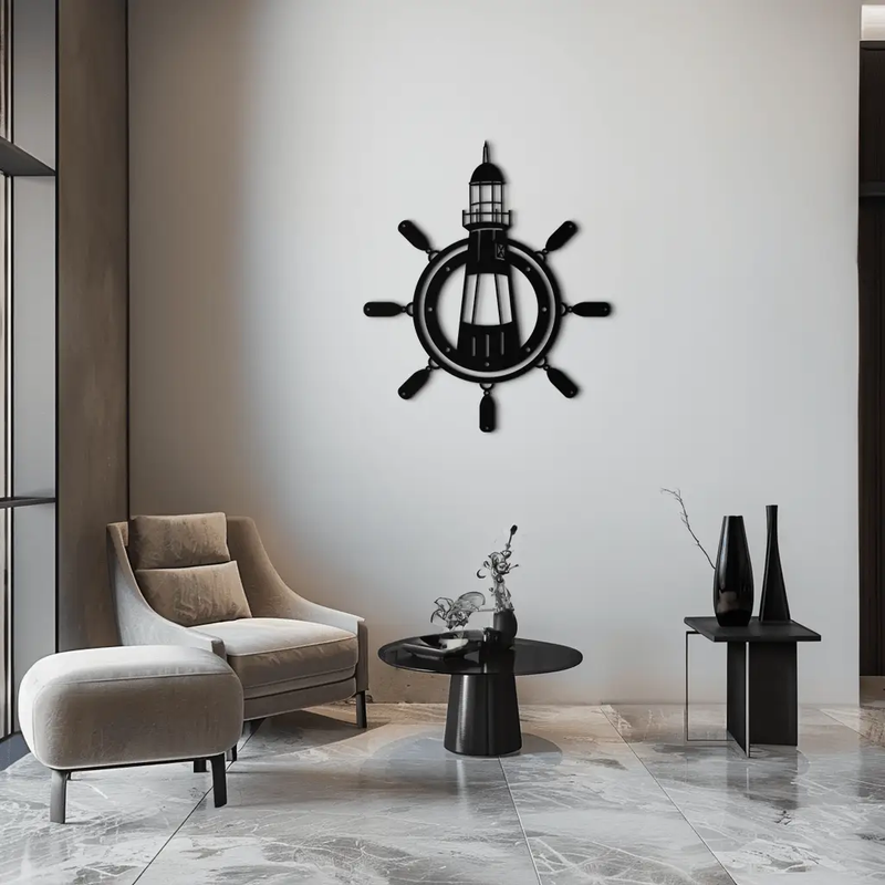 Lighthouse and Ship Wheel Metal Wall Art - Nautical Steel Wall Decor - KAF028 by Enova Art