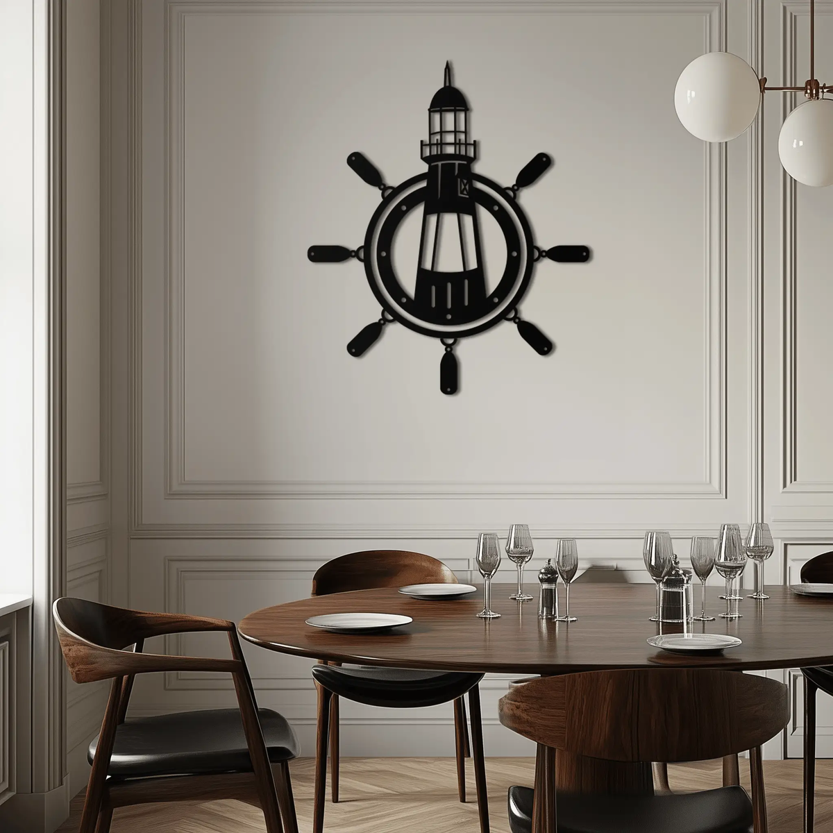 Lighthouse and Ship Wheel Metal Wall Art - Nautical Steel Wall Decor - KAF028 by Enova Art