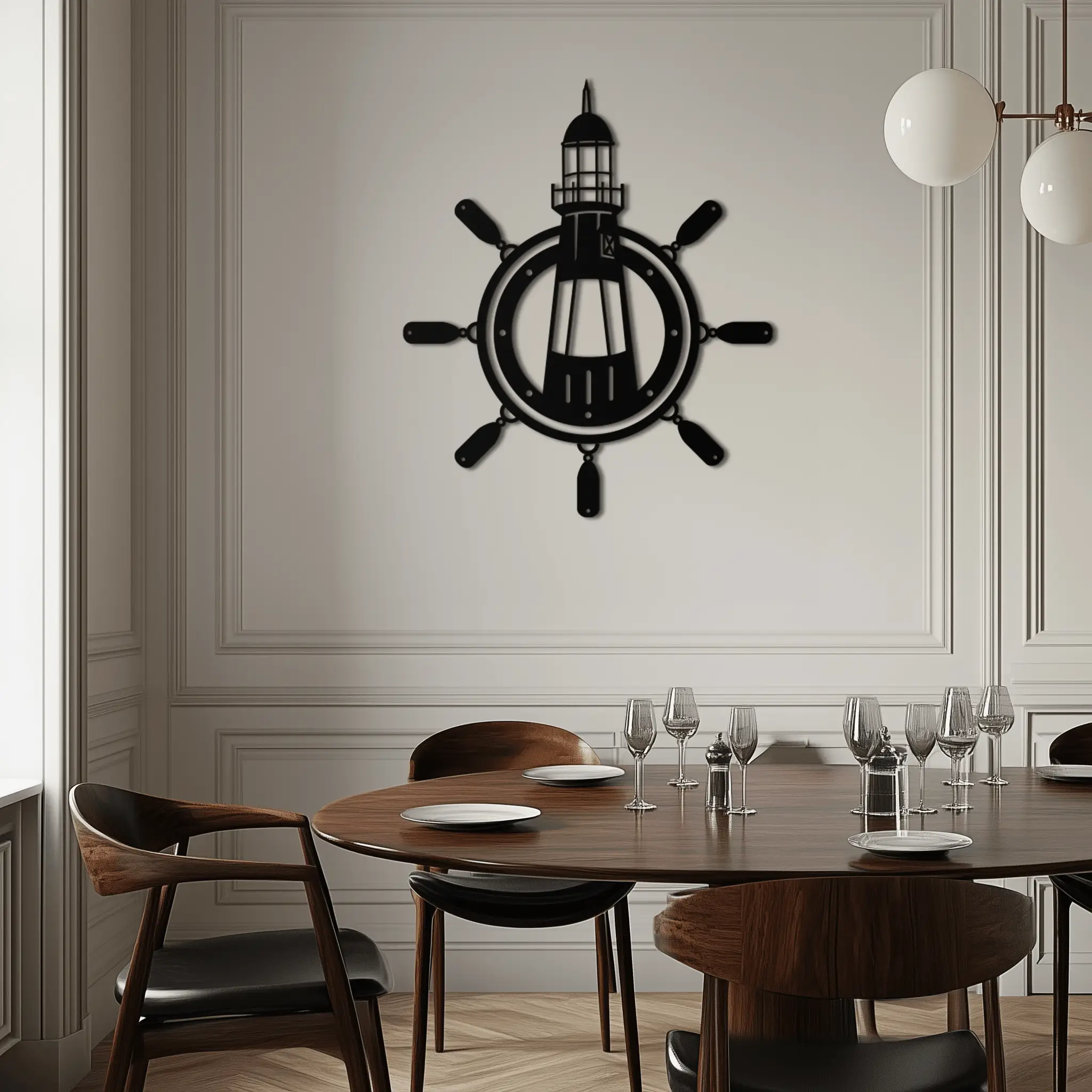 Lighthouse and Ship Wheel Metal Wall Art - Nautical Steel Wall Decor - KAF028 by Enova Art